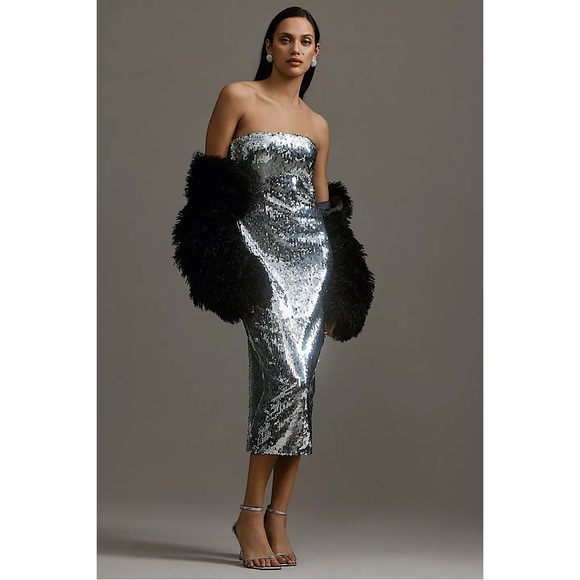 RHODE Dresses & Skirts - RHODE Lisa Sequin‎ Midi Dress Silver Strapless 10